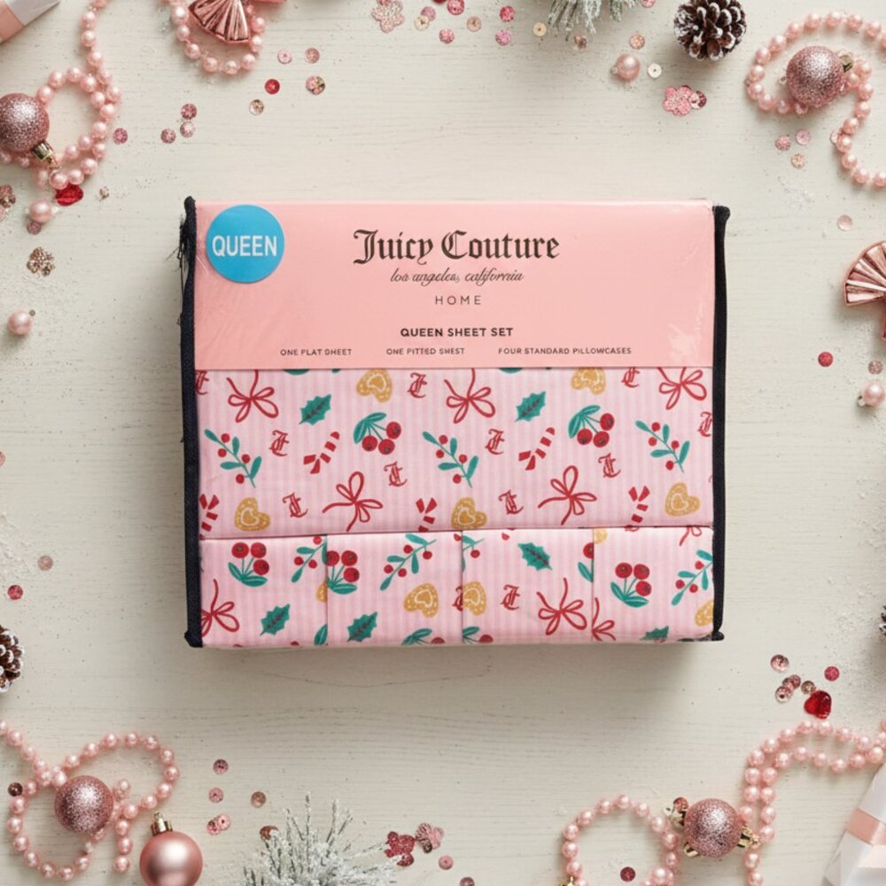 NEW Juicy Couture Candy Cane Christmas Queen Sheet Set — Cherries, Bows, Logo